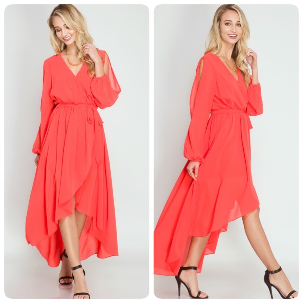 Coral Pink Long Sleeve Party Dress